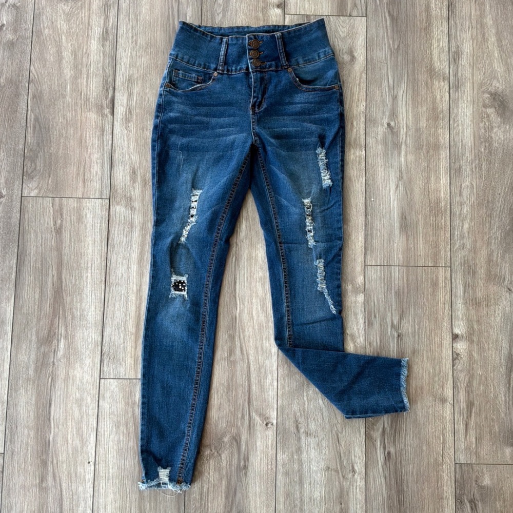 Celebrity Ace Womens High Rise Distressed Skinny Jeans Blue Medium Wash Size